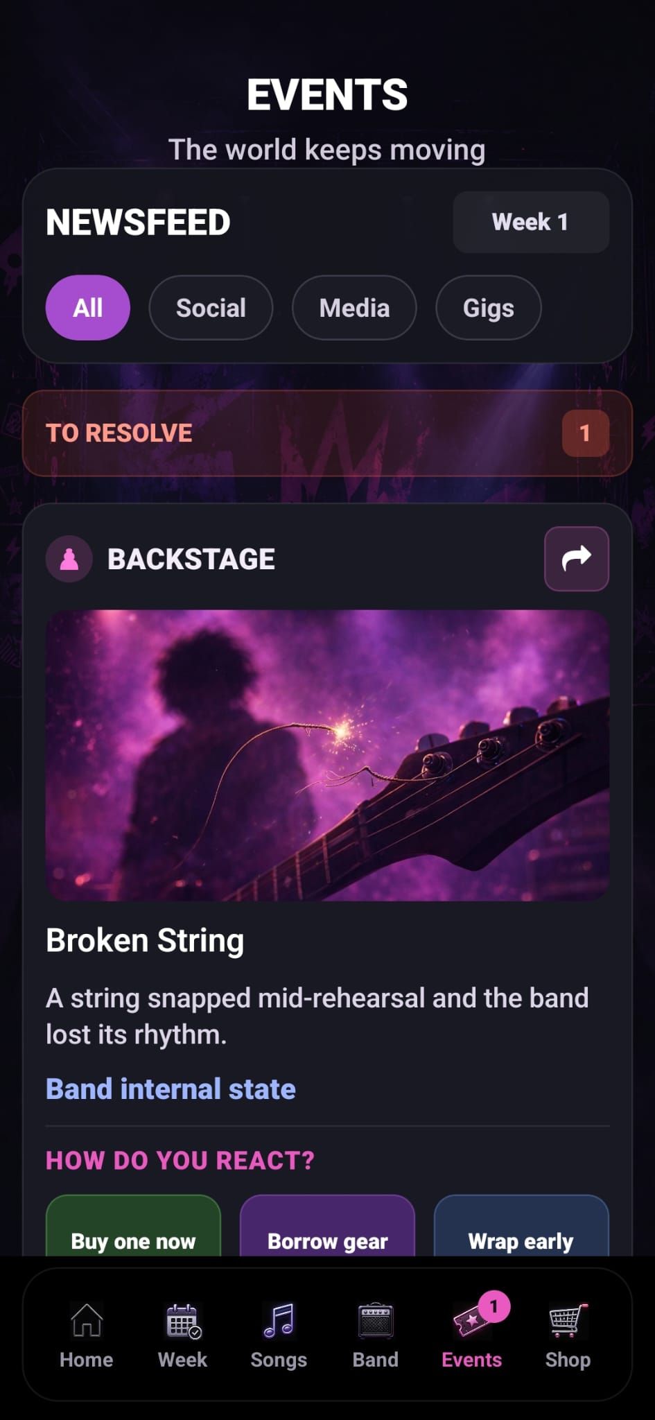 BandMayhem events screen showing band decisions