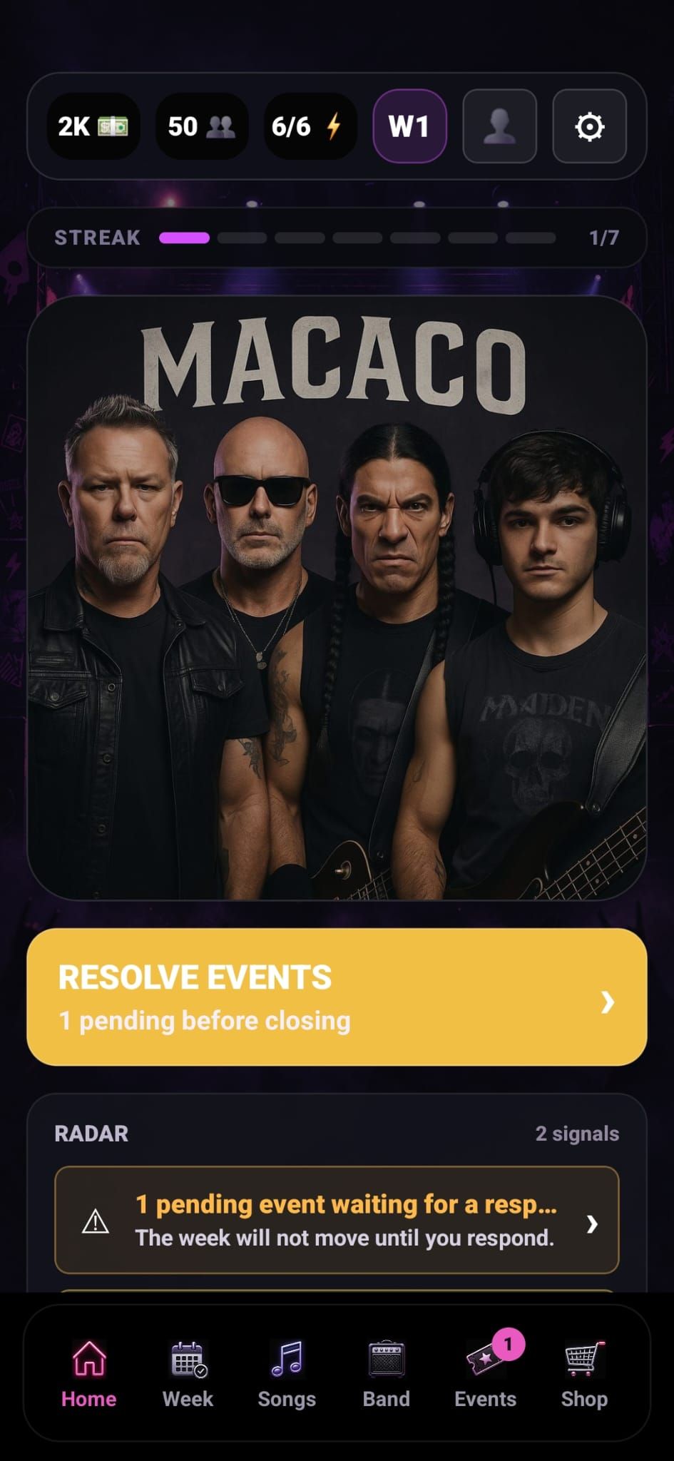 BandMayhem home screen showing band status