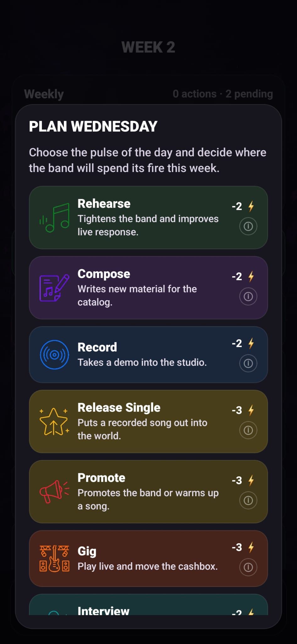 BandMayhem weekly planning screen